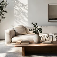 Modern living room interior with white sofa, coffee table, books and a plant. mock up.