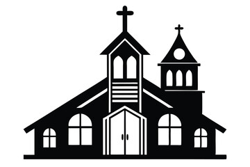 Silhouette Illustration of a Church with Crosses, Windows, and Doors