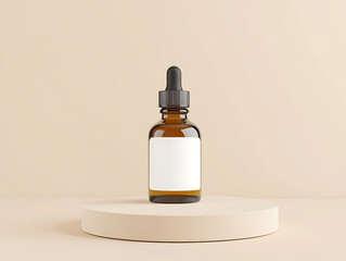 Naklejka premium Aromatic essential oil in a dark amber dropper bottle with a white label, resting on a circular stand against a warm neutral backdrop. Elegance and minimalism.
