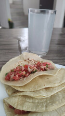 Healthy and tasty homemade food, diet: tuna tacos with pico de gallo and lemon water.