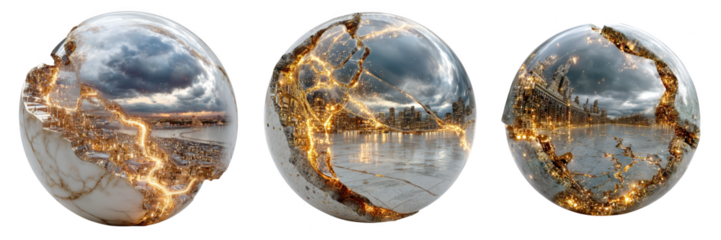 Three abstract spheres with cracked surfaces, reflecting a city skyline at dusk with glowing lights isolated on transparent background