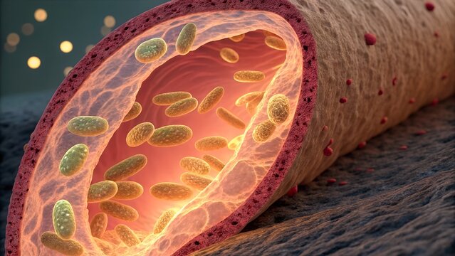 Cross-section of a termite gut &mdash; protozoa and bacteria digesting cellulose, lined gut cells glowing under breakdown
