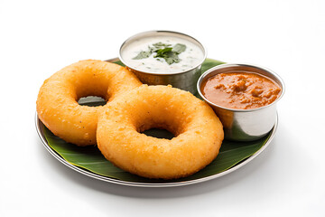 Savory doughnuts on a platter with sauce and white dip. These traditional fried vada are served with accompaniments for a delicious meal or snack.