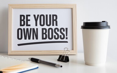 Cultivating a mindset of self-employment and entrepreneurial spirit, with an inspirational 'Be Your Own Boss!' message on a professional desk setup for modern innovators.