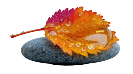 A vibrant autumn leaf covered in water droplets sits on a smooth stone, isolated on white isolated on transparent background