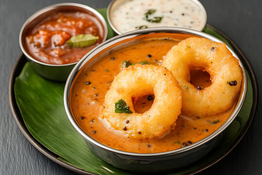 Medu Vada Sambar: Lentil donuts in lentil-based vegetable stew, served with tomato chutney and coconut chutney. Delicious and savory South Indian cuisine.