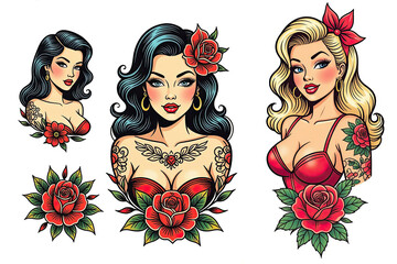 Pin up girls, Tattoo sheets, isolated on white background