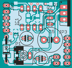 Obraz premium Vector printed circuit board of electronic device with components of radio elements, conductors and contact pads placed on pcb. Engineering technical drawing. Computer technic cad design.