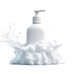 Bottle of white liquid is sitting on top of a pile of white foam