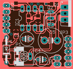 Obraz premium Vector printed circuit board of electronic device with components of radio elements, conductors and contact pads placed on pcb. Engineering technical drawing. Computer technic cad design.
