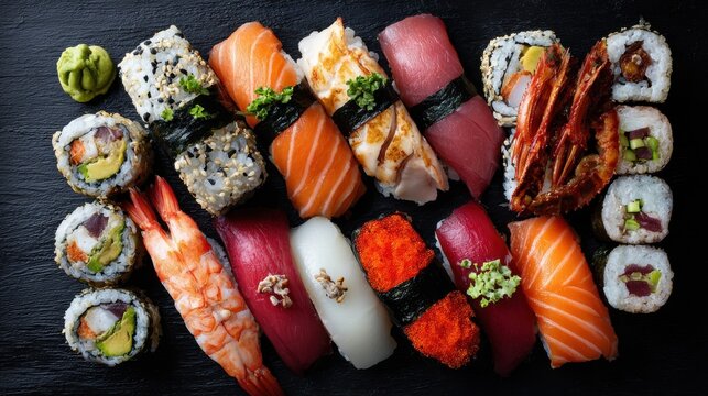 Overhead japanese sushi food. Maki ands rolls with tuna, salmon, shrimp, crab and avocado. Top view of assorted sushi, all you can eat menu. Rainbow sushi roll, uramaki, hosomaki and nigiri. , no log