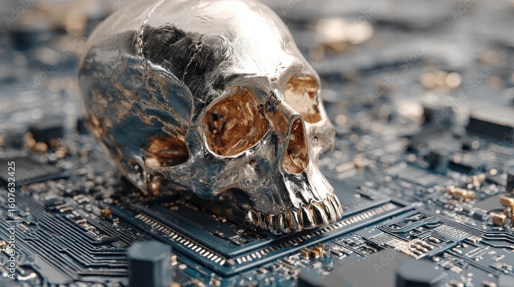 Poster cyber skull on circuit board. a skull positioned atop a computer motherboard, representing the fusio