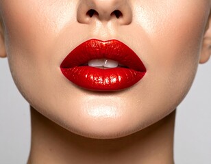 Obraz premium Close-up of a woman's lips with vibrant red lipstick. A close-up view of a woman's face, highlighting full, glossy red lips. Skin is smooth and light-toned. 