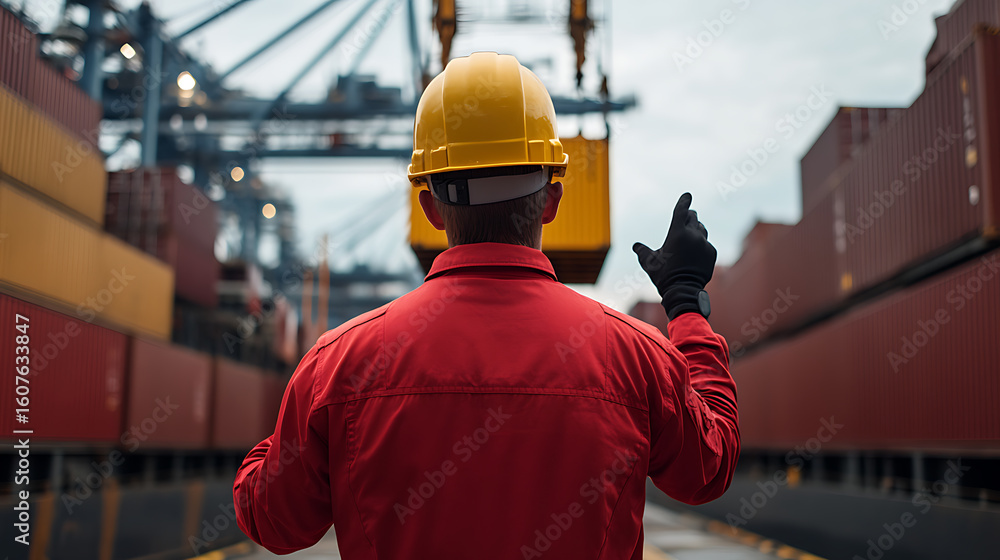 Poster shipping operations manager at port terminal directing container movement. safety and efficiency in 