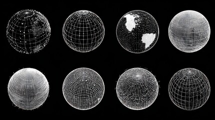 Globe grid. 3d sphere wires, earth network vector isolated set. Line sphere network, wire global grid, latitude structure illustration, no logos, no brands