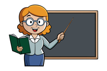 Enthusiastic cartoon teacher with glasses holding a book and pointer by a blackboard