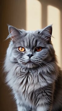 Fluffy gray cat with amber eyes staring confidently in warm light
