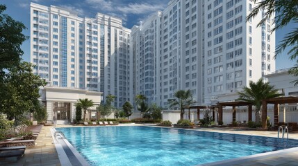 Fototapeta premium A photo of a modern apartment complex with a swimming pool, fitness center, and other amenities, catering to the needs and desires of contemporary lifestyles