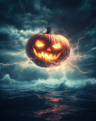 Glowing jack o' lantern floating over a stormy sea with lightning, perfect for Halloween holiday celebration.