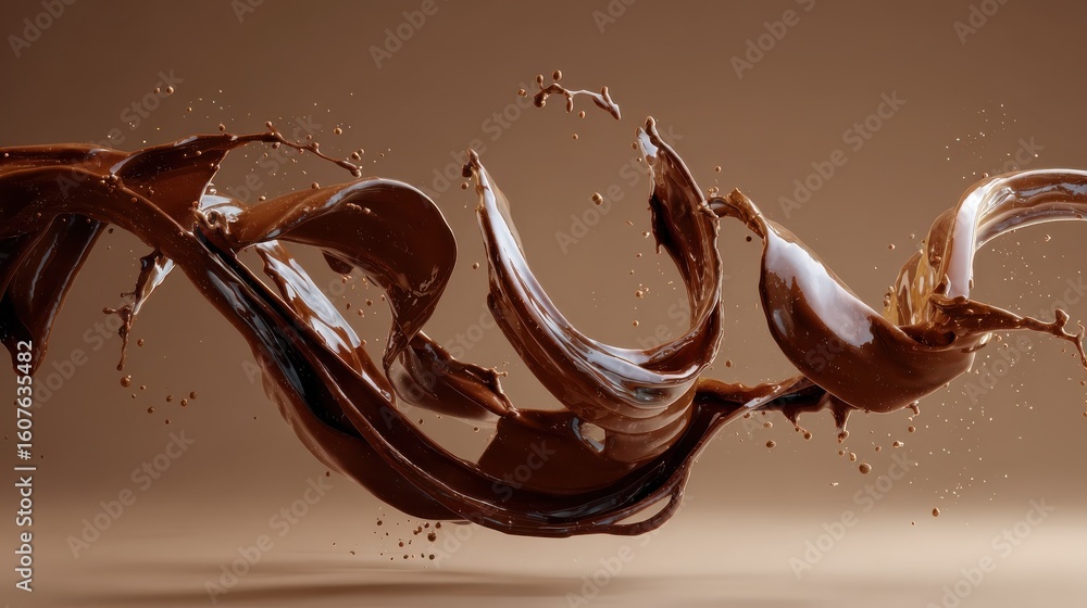 Poster a series of brown chocolate liquid splashes and swirls in mid-air, creating a dynamic and artistic c