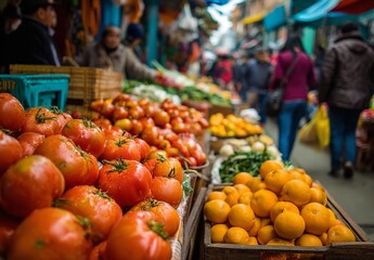 Colorful Outdoor Market Stall Featuring Fresh Oranges and Variety of Fruits and Vegetables with Shoppers
