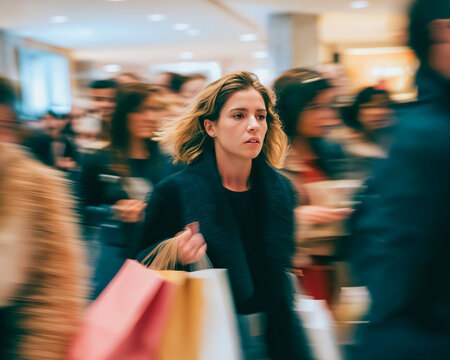 Woman with shopping bags in motion blur at crowded shopping mall. Black Friday sales event. Holiday season retail frenzy.
