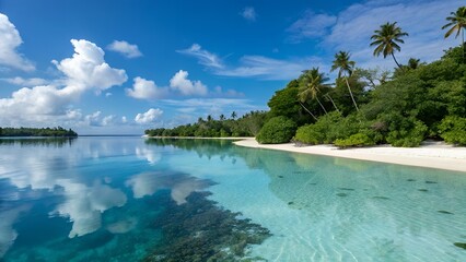 Tropical beach with palm trees and clear blue water reflecting sky