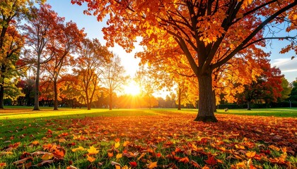 Autumn park at sunset, vibrant fall foliage