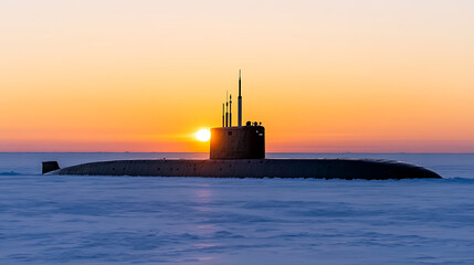 Fototapeta premium Submarine emerging from icy waters at sunset, silhouetted against a vibrant orange sky. A dramatic scene of technology meets the stark Arctic landscape.