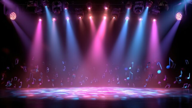 Illustration of a singing contest stage with bright lights, ample copy space, icons of music notes