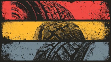 Tire tread tracks banners. Motorcycle, car and race bike dirty grunge road tire prints. Tread automobile, motor sport vector banner, no logos, no brands