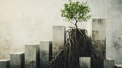 Towering bar charts sprouting vines and roots