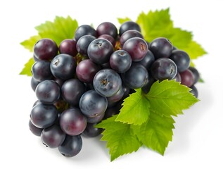 Fototapeta premium High-Resolution Studio Shot of Fresh, Ripe Dark Purple Grapes with Vibrant Green Leaves on a White Background, Emphasizing Healthy Eating and Natural Sweetness