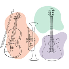 Musical instruments including violin, trumpet, and guitar in minimal style  