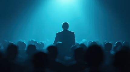 Man giving speech in front of backlit audience on light blue background. Speaker and leadership concept, no logos, no brands
