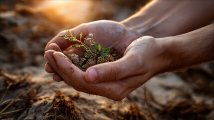 Fototapeta premium Hands holding soil with small green seedling at sunset