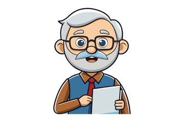 Friendly cartoon older man with glasses and white hair holding a paper and pen ready to teach