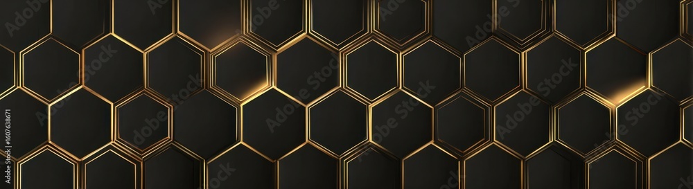 Poster black background with a golden geometric hexagon pattern a dark and moody color palette, simple line