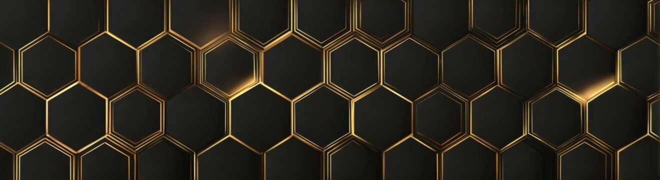 Black background with a golden geometric hexagon pattern a dark and moody color palette, simple lines, flat design, a dark background with light accents Generative AI