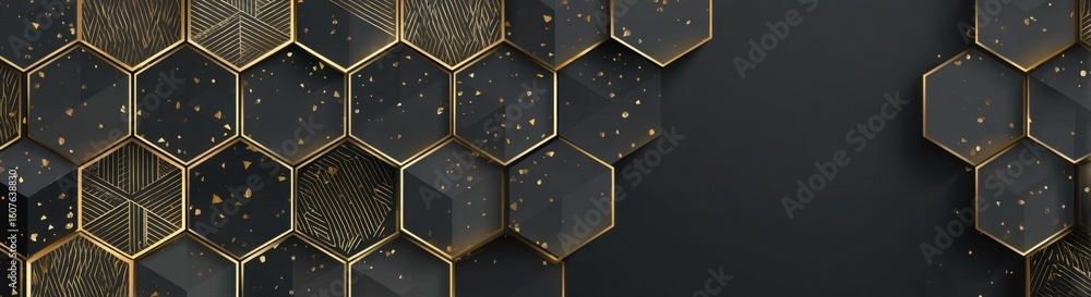Poster dark blacak background with a golden hexagon pattern for a luxurious design, with copy space a dark 