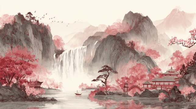 Lake and mountain landscape chinese background. Japanese watercolor painting with waterfall, hills, sakura trees, chinese temples, boat, bridge, birds. Oriental wallpaper for wall art, print, decor.,
