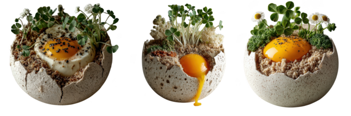 A trio of artistic egg dishes, each presented in a cracked eggshell with microgreens and edible flowers isolated on transparent background