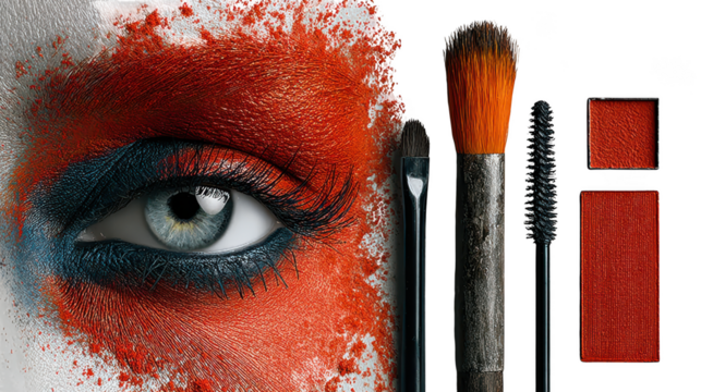 A creative makeup look with vibrant red and blue colors, featuring an eye and makeup brushes isolated on transparent background