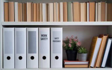 Comprehensive workplace safety documentation binders on a modern office bookshelf, showcasing organized procedures and essential protocols for a secure and compliant professional environment.