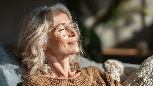 Mature smiling peaceful 60s middle age lady sitting on couch relaxing at home. Senior elder serene woman in glasses looking away thinking of positive vision, dreaming of future and enjoying wellbeing