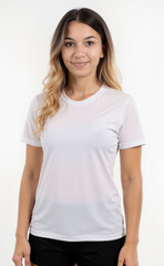 Young woman posing in a plain white t-shirt and black shorts, on a white background.
