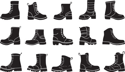 Set of Vector Icons Featuring Various Stylish Boots in Black Silhouettes