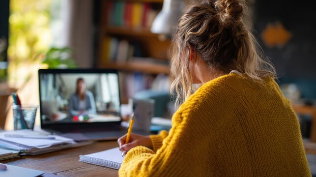 Teacher explaining lesson in video call while girl taking notes. Rear view of university student understanding concepts online while making notes. Young woman studying on computer and writing on note