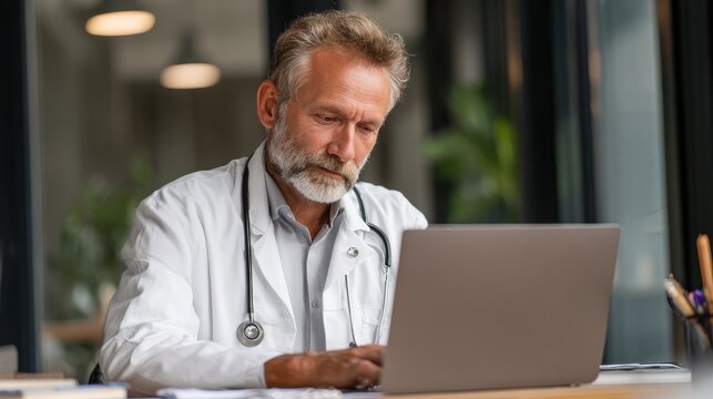 Serious old mature professional male doctor using laptop computer in hospital office watching medical webinar training, writing in healthcare report, consulting patient online at telemedicine meeting