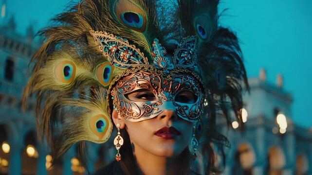 Elegant woman wearing a peacock feather masquerade mask in Venetian setting